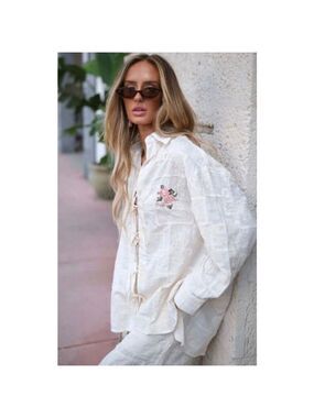 NWT Aguabendita Beige Swan Solido Meraki Button Down Shirt M/L
